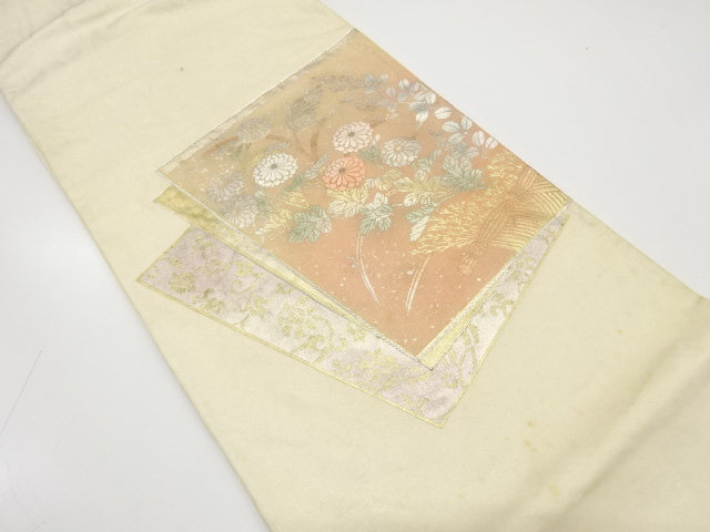 アンティーク　金彩重ね亀甲に菊萩模様刺繍袋帯(材料)